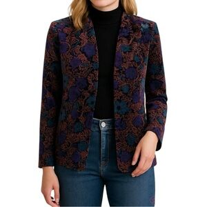 Vintage Floral Velvet Purple Floral Patterned Open Front Straight Blazer Sz L